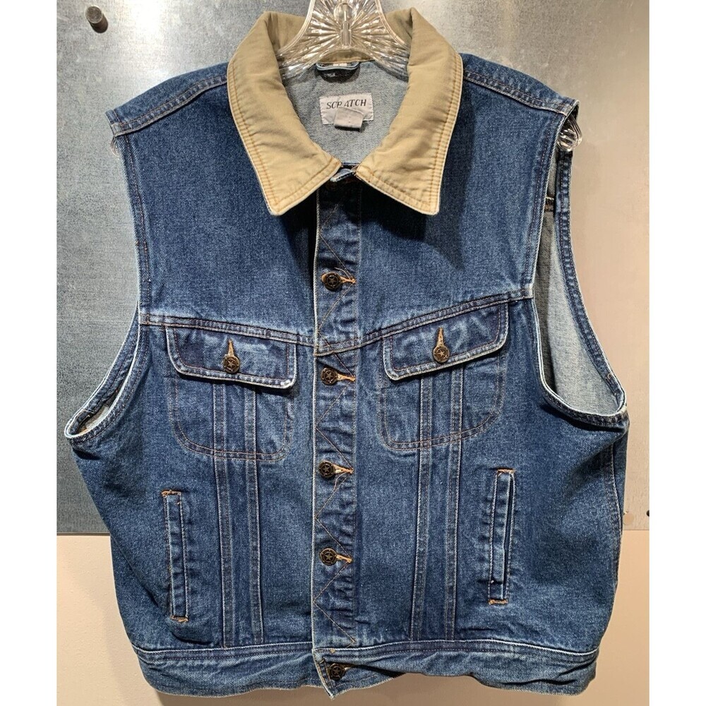 Scratch Heavy Denim Truckers Vest Tan Canvas Collar Buttons Large Vtg.
